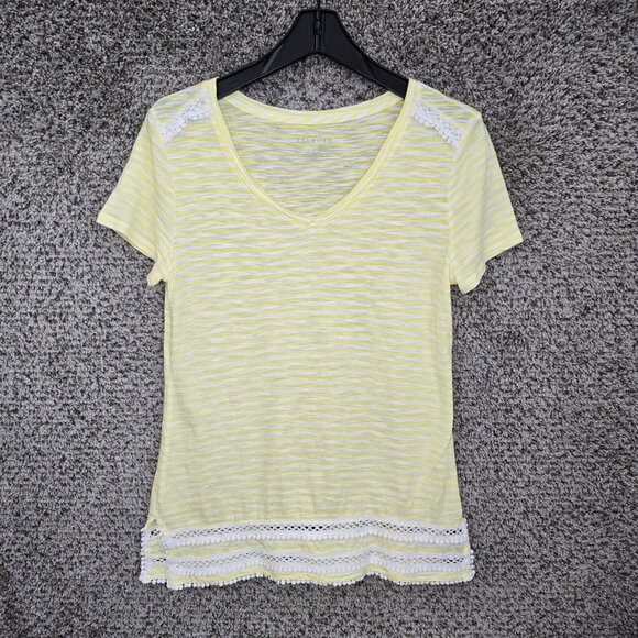 Talbots Top Womens Small Yellow Striped Slub Knit V Neck Cotton Modal Casual - Picture 1 of 7